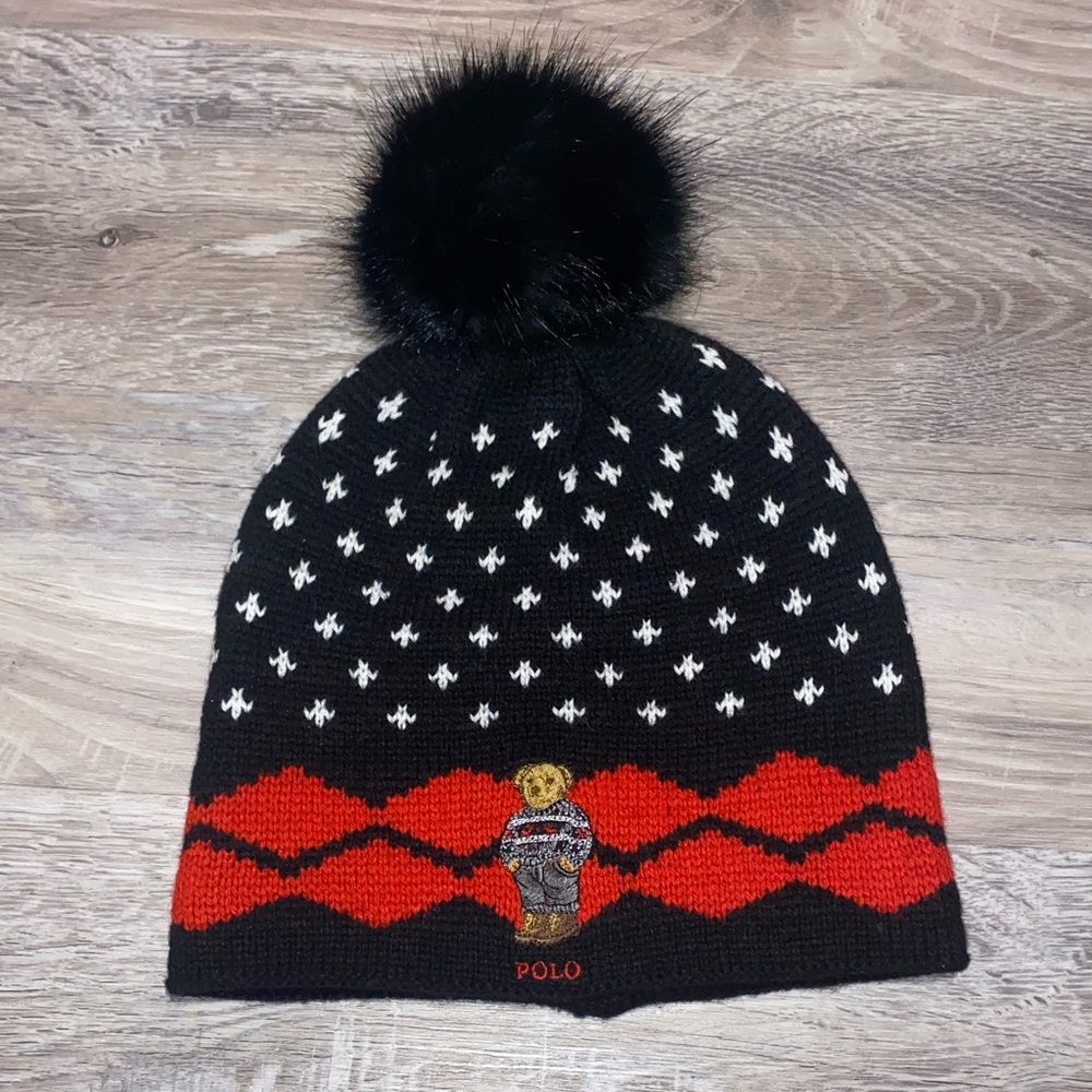 POLO Ralph Lauren FAIR ISLE KNIT POM BEANIE Wool Cap BLACK RED WHT  Women’s